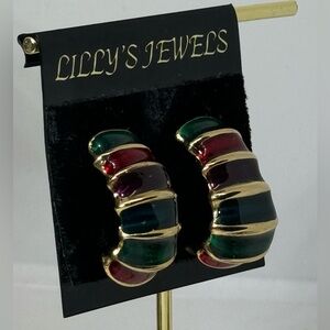 Bold Vintage Colorful Striped Half-Hoop Enamel Earrings Gold-tone